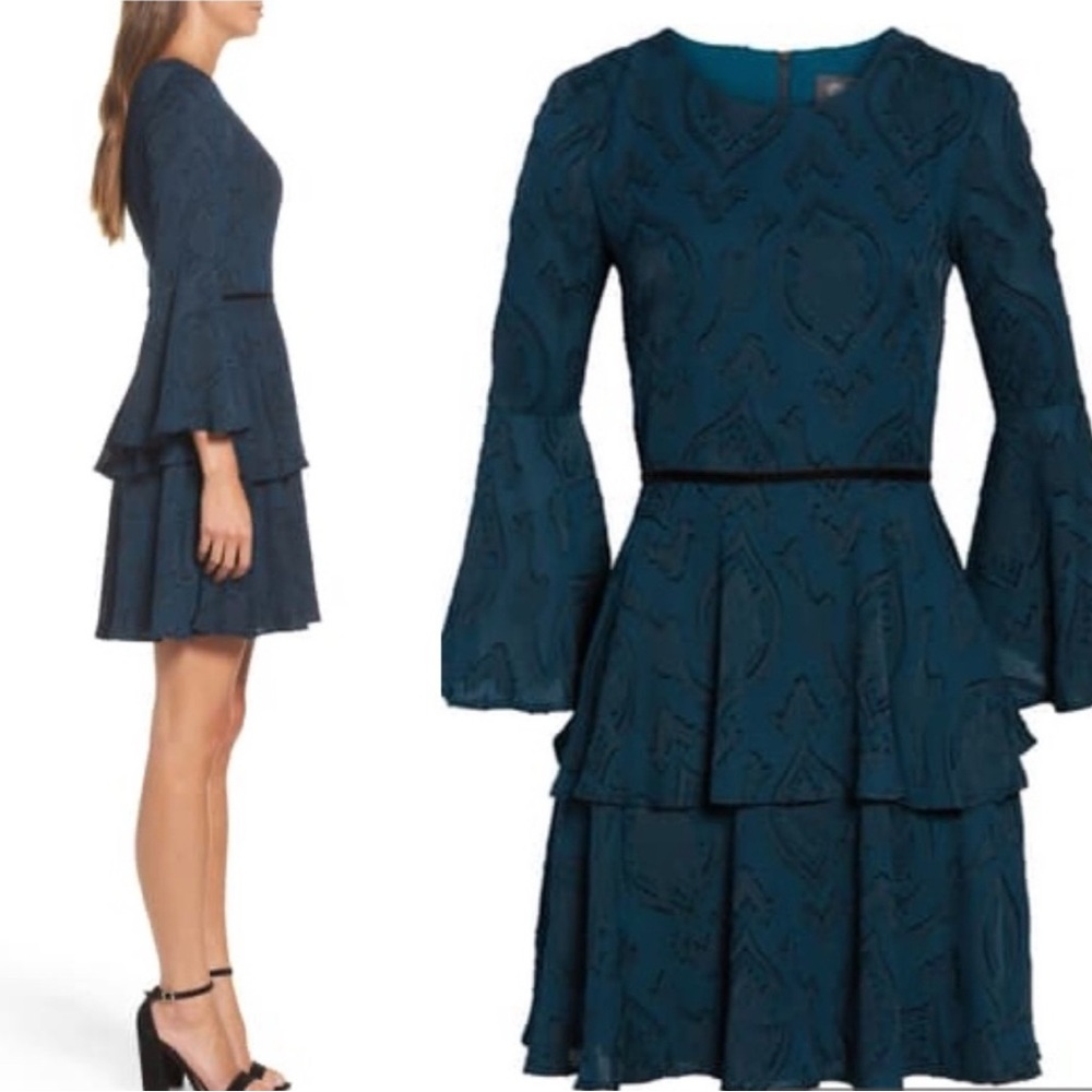 Vince Camuto Teal Tiered Chiffon Fit & Flare Dress